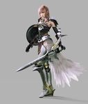  3d absurdres armor boots breastplate elbow_gloves feathers final_fantasy final_fantasy_xiii final_fantasy_xiii-2 full_body gloves highres lightning_farron long_hair naora_yusuke official_art pink_hair shield simple_background solo sword thighhighs weapon 