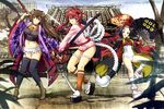  absurdres artist_request black_hair black_legwear breasts brown_hair fan highres hyakka_ryouran_samurai_girls legs long_hair medium_breasts midriff multiple_girls non-web_source one-piece_swimsuit purple_eyes red_eyes red_hair samurai sanada_yukimura_(hyakka_ryouran) school_swimsuit socks swimsuit thighhighs tokugawa_sen very_long_hair weapon white_school_swimsuit white_swimsuit yagyuu_juubei_(hyakka_ryouran) 