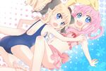  :d akechi_kokoro bad_id bad_pixiv_id barefoot bikini_skirt blonde_hair blue_eyes blush bow chikamichi_(ssssgirl) drill_hair flat_chest hair_bow halftone halftone_background multiple_girls navel one-piece_swimsuit open_mouth pink_hair school_swimsuit sherlock_shellingford smile swimsuit tantei_opera_milky_holmes toes twintails 