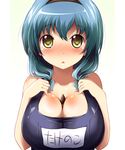  between_breasts blue_hair blush braid breasts collarbone furutani_himawari hairband large_breasts na!_(na'mr) one-piece_swimsuit open_mouth school_swimsuit solo swimsuit takenoko_no_sato_(food) translated twin_braids yuru_yuri 