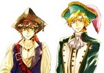  2boys alternate_costume blonde_hair blue_eyes brown_hair code_geass gino_weinberg green_eyes hat kururugi_suzaku male male_focus mameezu military military_uniform multiple_boys open_collar pirate pirate_hat short_hair suzaku_kururugi tricorne uniform 