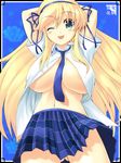  ;p arms_behind_head between_breasts blonde_hair blue_eyes blue_neckwear blush breasts hair_ribbon hairband huge_breasts katsuragi_(senran_kagura) long_hair looking_at_viewer necktie no_bra no_panties one_eye_closed open_clothes open_shirt plaid plaid_skirt ribbon senran_kagura senran_kagura_shoujo-tachi_no_shin'ei shirt skirt solo tongue tongue_out underboob yamaura_tamaki 