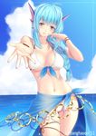  bare_shoulders bikini black_eyes blue_hair blue_sarong blush braid breasts cleavage cloud contrapposto day emil_chronicle_online foreshortening front-tie_top hair_over_shoulder halterneck head_fins highres large_breasts lintanghaseo long_hair looking_at_viewer nail_polish navel ocean outstretched_hand parted_lips ribbon rorona sarong shiny shiny_skin single_braid skindentation sky solo sparkle standing strap_gap swimsuit thigh_ribbon underboob white_bikini 