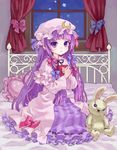  :3 ama-tou bed book bow crescent curtains hair_bow hat heart heart_pillow highres jpeg_artifacts long_hair patchouli_knowledge pillow purple_eyes purple_hair smile solo star stuffed_animal stuffed_bunny stuffed_toy touhou very_long_hair window 