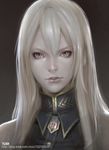  eyeliner lips long_hair looking_at_viewer makeup military military_uniform portrait realistic red_eyes selvaria_bles senjou_no_valkyria senjou_no_valkyria_1 simple_background solo uniform watermark web_address white_hair xu_chao_yuan 