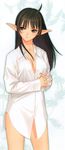  absurdres ahoge black_hair breasts brown_eyes cleavage dress_shirt elf hands_clasped highres long_hair medium_breasts naked_shirt no_bra no_panties own_hands_together pointy_ears shining_(series) shining_wind shirt solo tanaka_takayuki third-party_edit xecty_ein 