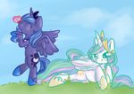  alicorn arthropod blue_hair butterfly crown cute cutie_mark day duo equine female feral friendship_is_magic hair happy hasbro horn horse insect long_hair mammal my_little_pony outside pegacorn pony princess_celestia_(mlp) princess_luna_(mlp) sibling sisters skywriter smile tail winged_unicorn wings young 