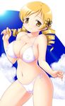  bikini blonde_hair blush breasts cameltoe cleavage covered_nipples drill_hair large_breasts mahou_shoujo_madoka_magica navel side-tie_bikini smile solo strap_gap swimsuit tanuki_yousuke tomoe_mami twin_drills twintails white_bikini yellow_eyes 