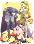  bad_id bad_pixiv_id blonde_hair blue_eyes blue_hair bracer brown_hair cape doseisan fire_emblem fire_emblem:_monshou_no_nazo gen_1_pokemon gloves hat highres jigglypuff kid_icarus kirby kirby_(series) kudou_akira link marth mother_(game) multiple_boys pit_(kid_icarus) pointy_ears pokemon pokemon_(creature) smile super_smash_bros. the_legend_of_zelda the_legend_of_zelda:_twilight_princess tiara waddle_dee wings 