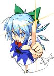  barefoot beetle blue_eyes blue_hair blush bow bug cirno dress face foreshortening hair_bow hands insect open_mouth pointing solo sparkle touhou uro wings 