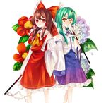  ascot blouse bow brown_hair detached_sleeves flower frills frog gohei green_hair hair_bow hair_tubes hakurei_reimu kochiya_sanae long_hair multiple_girls petals red_eyes sapari skirt touhou transparent_background yellow_eyes 