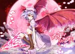  bat_wings blue_door blue_hair boots dress hat moon red red_eyes red_wings remilia_scarlet ribbon short_hair smile solo spear_the_gungnir touhou wings 