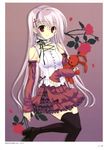  absurdres bare_shoulders black_legwear detached_sleeves gothic_lolita highres lolita_fashion long_hair looking_at_viewer mitha original red_eyes shoes silver_hair skirt smile solo standing standing_on_one_leg stuffed_animal stuffed_bunny stuffed_toy thighhighs 