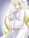  blonde blonde_hair breasts curvy dress female fox fox_tail gomesu hat huge_breasts multiple_tails short_hair smile solo standing tail touhou yakumo_ran yellow_eyes 