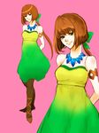  aq_interactive armband arms_behind arms_behind_back brown_hair character_request dress earrings female flaba-trip green_eyes green_ribbon illumina_(the_last_story) jewelry long_hair mistwalker necklace nintendo pantyhose ponytail ribbon sato_(pixiv2738244) solo the_last_story 