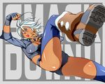  ahoge angel_(kof) ass blue_eyes boots breasts cameltoe chaps crop_top dark_skin dynamite-kit fingerless_gloves gloves kicking large_breasts panties short_hair solo the_king_of_fighters underwear white_hair 