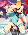  black_hair blue_leotard boots breasts cleavage digdug006 highres large_breasts leotard long_hair mighty_yukiko minami_toshimi multiple_girls pink_hair purple_eyes short_hair sweat wrestle_angels wrestle_angels_survivor wrestling_outfit 