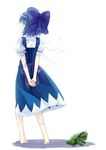  arms_behind_back back barefoot blue_dress blue_eyes blue_hair bow cirno dress fairy frog from_behind full_body hair_bow ochau short_hair solo standing touhou wings 