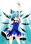  ass_visible_through_thighs blue_eyes blue_hair cirno hair_ribbon highres kamina_pose one_eye_closed pointing pointing_up ribbon solo touhou umyonge_(lkakeu) wings 