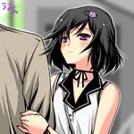  bare_shoulders black_hair blush clothes_grab dress genderswap genderswap_(mtf) hair_ornament hairclip highres looking_up purple_eyes short_hair skull_hair_ornament smile solo_focus steins;gate umyonge_(lkakeu) urushibara_ruka 