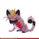  bow cat feline looking_at_viewer mammal meowth multi-colored_body nintendo plain_background pok&#233;ball pok&#233;mon pok&eacute;ball pok&eacute;mon purple solo team_rocket unknown_artist video_games white_background 