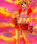  belt blonde_hair blue_eyes braid breasts chrono_(series) chrono_cross commentary_request flaba-trip gloves jacket kid_(chrono_cross) long_hair midriff miniskirt outdoors single_braid skirt sky solo tank_top 