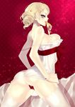  ass atlus bare_shoulders blonde_hair blue_eyes breasts catherine catherine_(game) dress drill_hair female food hands_on_hips long_hair looking_back mouth_hold pizza solo stockings thighhighs tomohide twin_drills twintails white_legwear white_thighhighs 