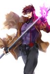  brown_hair card daimon560 fingerless_gloves fire gambit gloves holding holding_card male_focus marvel muscle pink_fire playing_card red_eyes signature simple_background solo staff trench_coat white_background x-men 