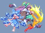  bad_id bad_pixiv_id barefoot blue_eyes blue_hair bow cape cirno dress fire hair_bow hair_ornament ice kou_2008 long_hair lowres multiple_girls pixel_art pyrokinesis red_eyes reiuji_utsuho reiuji_utsuho_(bird) touhou wings 