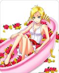  atlus barefoot bath blonde_hair blue_eyes catherine catherine_(game) choker dress drill_hair feet female flower hiramoto1208 hiramoto_(pixiv1048959) long_hair lying red_ribbon ribbon solo twin_drills twintails 