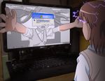  adobe_photoshop brown_hair computer dell dress drooling electricity foreshortening hair_ribbon kasumi_uzuki keyboard_(computer) misaka_mikoto monitor multiple_girls ribbon screen shirai_kuroko speaker third-party_edit through_screen to_aru_majutsu_no_index twintails windows windows_xp 