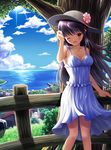  bad_anatomy bangs bare_arms bare_shoulders black_hair blush cloud cloudy_sky collarbone day dress hand_in_hair hat highres long_hair looking_at_viewer ocean one_eye_closed open_mouth orange_eyes original outdoors sky sleeveless sleeveless_dress smile solo sundress water yamakamu 