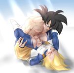  2boys anal blonde_hair dragon_ball dragonball male male_focus multiple_boys muscle penis sex son_goku son_gokuu sweat torn_clothes vegeta yaoi 