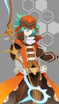  .hack//link 1boy akiyoshi_nozomu aqua_eyes aqua_hair belt bow_(weapon) coat gloves grey_background hat highres honeycomb_(pattern) honeycomb_background kite_(.hack//) male_focus solo weapon 