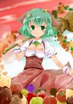  adapted_costume aki_minoriko aki_minoriko_(cosplay) animal_ears apple autumn breasts breasts_outside broom chestnut cosplay cuffs food framed_breasts fruit green_eyes green_hair highres kasodani_kyouko leaf looking_at_viewer mushroom nipples no_bra over_shoulder persimmon potato shirt_pull short_hair skirt skirt_hold small_breasts smile solo sweet_potato tail takara_akihito touhou wardrobe_malfunction wrist_cuffs 