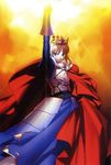  armor armored_dress artoria_pendragon_(all) blonde_hair cape crown dress excalibur fate/stay_night fate_(series) faulds gauntlets green_eyes highres saber scan solo standing sword takeuchi_takashi weapon 