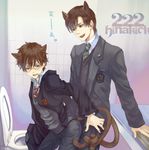  2boys animal_ears bathroom blush book brown_hair cat_ears cat_tail catboy character_request glasses green_eyes green_necktie harry_james_potter harry_potter male male_focus multiple_boys necktie numeri_(pixiv) red_necktie robe robes school_uniform standing striped striped_necktie student tail tile tiles toilet tom_marvolo_riddle uniform vest yaoi 