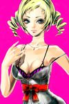  atlus bare_shoulders blonde_hair blue_eyes bra breasts catherine catherine_(game) choker cleavage dress drill_hair female halmilia jewelry long_hair lowres necklace purple_bra red_ribbon ribbon solo twin_drills twintails underwear 