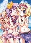  alice_margatroid beach bikini blonde_hair blue_eyes blue_sarong blush bow crescent crescent_hair_ornament frills girl_sandwich hair_bow hair_ornament hair_ribbon hairband hug kirisame_marisa long_hair mayuge_inu multiple_girls no_hat no_headwear one_eye_closed patchouli_knowledge print_sarong purple_eyes purple_hair ribbon sandwiched sarong short_hair striped striped_bikini striped_swimsuit swimsuit touhou wrist_cuffs yellow_eyes 