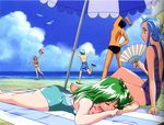  3girls 90s asou_kasumi backless_outfit ball bare_back beach beachball bikini bird black_hair blue_hair closed_eyes cloud day fan folding_fan green_hair hinomoto_hikari hokari_jun'ichirou holding_beachball kokura_masashi long_hair minazuki_kotoko multiple_boys multiple_girls official_art one-piece_swimsuit outdoors red_hair running sandals scan seagull short_hair shorts sky smile stretch summer sunbathing swimsuit takumi_sakaki tokimeki_memorial tokimeki_memorial_2 towel umbrella water 