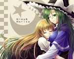  blonde_hair breasts closed_eyes green_eyes green_hair hat hug kirisame_marisa koto_tsubane light_smile long_hair medium_breasts mima multiple_girls smile touhou touhou_(pc-98) upper_body very_long_hair witch_hat 