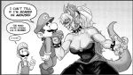  1girl 1koma 2boys arm_at_side bare_arms bare_shoulders bowsette bracelet breasts brothers cleavage collar collar_grab collarbone comic commentary crown dress earrings english_commentary english_text evil_grin evil_smile facial_hair fingernails gloves greyscale grin hand_up hat height_difference high_ponytail horns index_finger_raised jewelry large_breasts lifting_person long_hair long_sleeves looking_at_another luigi mario mario_(series) mcnostril monochrome multiple_boys muscle muscular_female mustache new_super_mario_bros._u_deluxe nintendo open_mouth overalls pointy_ears ponytail sharp_fingernails sharp_teeth shoes siblings sidelocks smile speech_bubble spiked_bracelet spiked_collar spiked_shell spiked_tail spikes strapless strapless_dress super_crown sweater tail teeth turtle_shell upper_body v-shaped_eyebrows 
