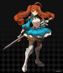  armor boots brown_legwear cross dress fingerless_gloves gloves muse_(rainforest) original pantyhose red_eyes red_hair smile solo sword thigh_boots thighhighs twintails weapon 