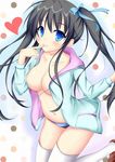  bad_id bad_pixiv_id black_hair blue_eyes blush breasts cleavage collarbone finger_to_mouth hair_ribbon heart hood hood_down hoodie long_hair looking_at_viewer marisasu_(marisa0904) medium_breasts naked_hoodie navel no_bra open_clothes original panties resizing_artifacts ribbon smile solo striped striped_panties thighhighs twintails underwear white_legwear 