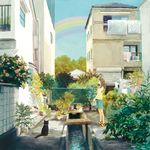  bare_shoulders brown_hair building cat chain-link_fence clothesline fence flower laundry original plant potted_plant rainbow scenery solo standing water yuuko_(nora0x0) 