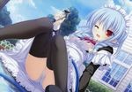  absurdres ahoge arm_support black_legwear blue_hair braid breasts cameltoe covered_nipples dengeki_hime elf hair_bobbles hair_ornament highres hose huge_filesize long_hair lunaris_filia maid maid_headdress melis mikagami_mamizu nipples no_bra one_eye_closed open_mouth panties pantyshot pantyshot_(sitting) pointy_ears red_eyes see-through sitting small_breasts solo thighhighs twin_braids underwear upskirt water wet wet_clothes wet_panties white_panties 