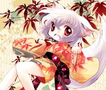  animal_ears autumn autumn_leaves fang fangs highres inubashiri_momiji japanese_clothes kimono leaf maple_leaf obi open_mouth red_eyes sash short_hair short_kimono silver_hair smile solo tail touhou wolf_ears wolf_tail yume_shokunin 