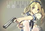  baby_doll_(sucker_punch) blonde_hair blue_eyes crop_top foreshortening gun handgun hands looking_at_viewer m1911 md5_mismatch midriff navel ninomiy pantyhose pistol sitting skirt solo sucker_punch twintails weapon 