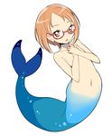  brown_hair eyelashes flat_chest glasses hands_on_own_chest hands_together mermaid monster_girl monsterification navel nude orange_eyes precure red-framed_eyewear semi-rimless_eyewear shirabe_ako solo suite_precure ukokkei under-rim_eyewear 