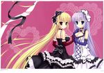  absurdres blonde_hair blue_eyes breasts cleavage dress elbow_gloves flower gloves hair_ribbon heart highres holding_hands interlocked_fingers large_breasts lolita_fashion long_hair looking_at_viewer looking_back mitha multiple_girls original red_eyes ribbon silver_hair standing very_long_hair 